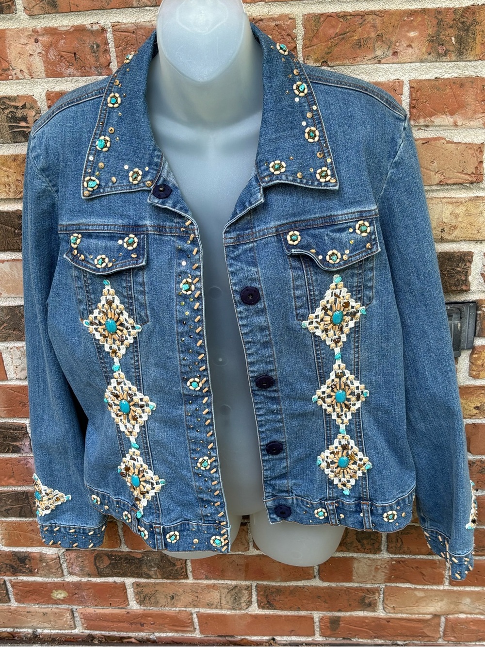 Just B Embellished Denim Jacket.Turquoise &Wood Beads on Front,Waist,Cuffs Sz Lg